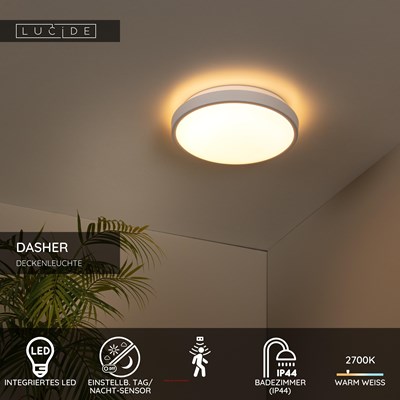 Lucide DASHER - Deckenleuchte Badezimmer - Ø 29,3 cm - LED - 1x12W 2700K - IP44 - Bewegung und Tag/Nacht-Sensor - Weiß